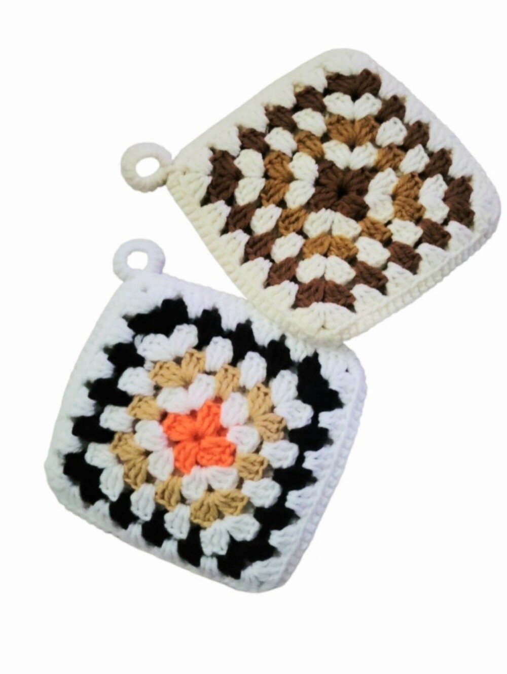 Vintage 70's Retro Granny Square Crocheted Pot Holders Set Of 2